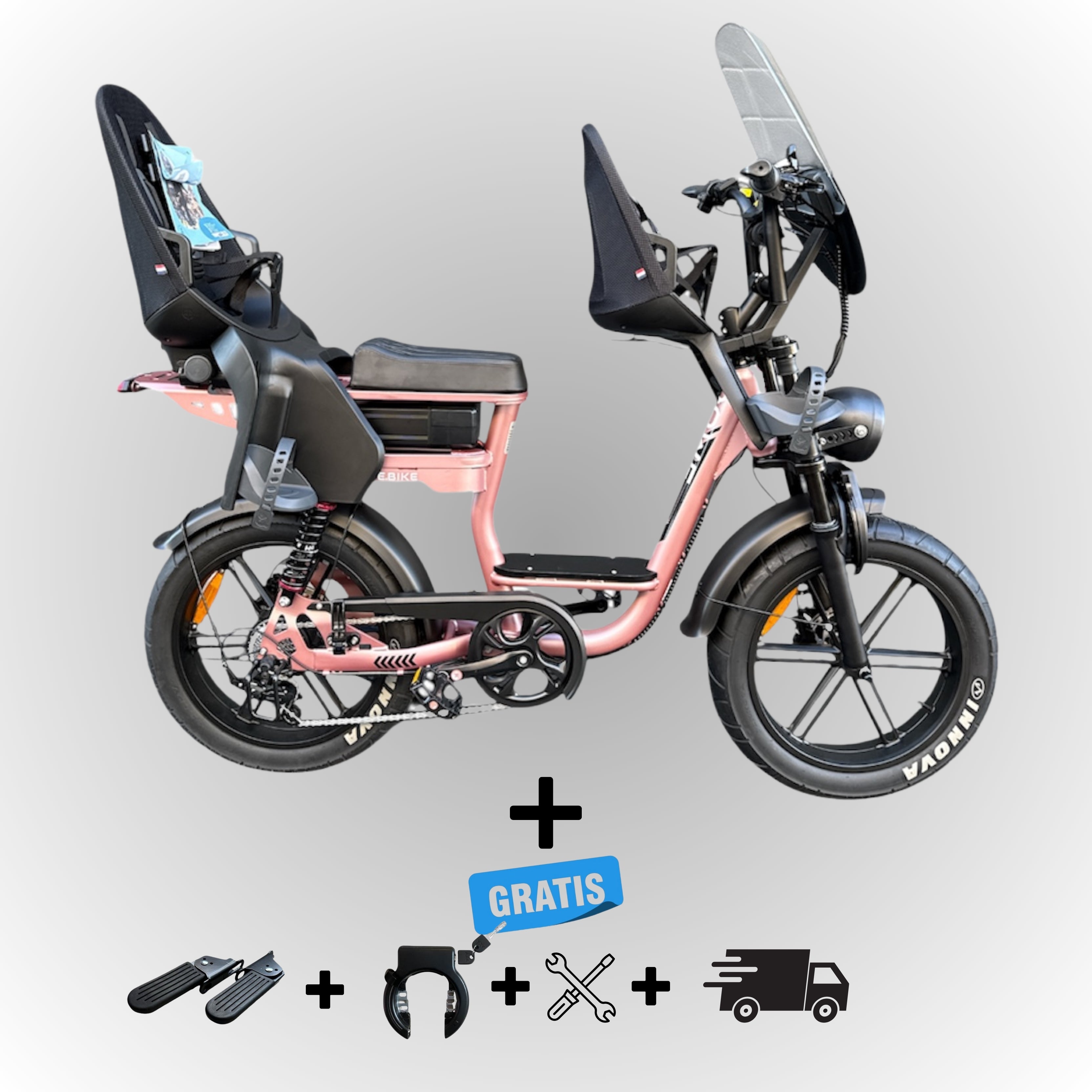 Elektrische fatbike 250W Dowe C28 met kinderzitje voor en achter