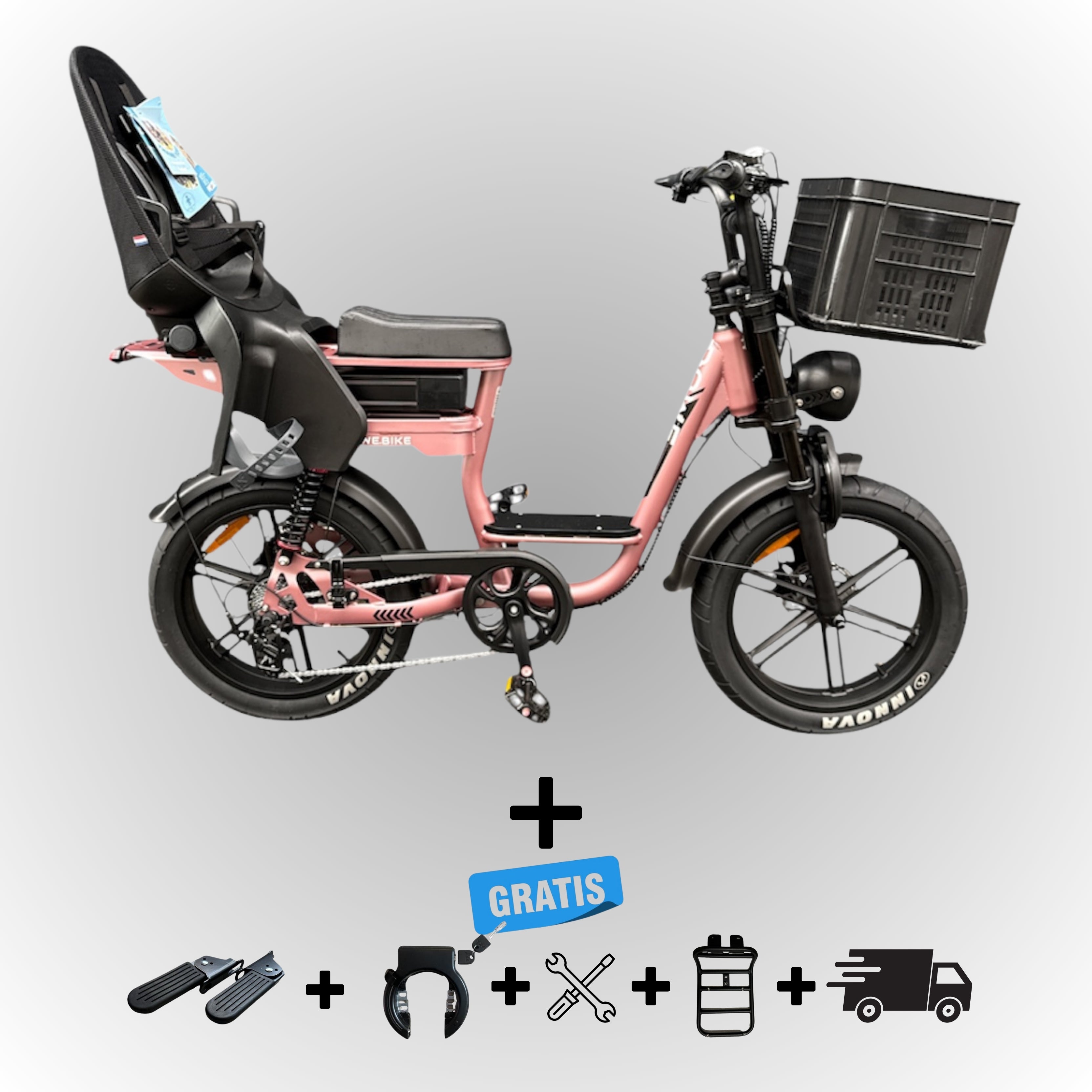 Elektrische fatbike 250W Dowe C28 met kinderzitje achter en voor-krat