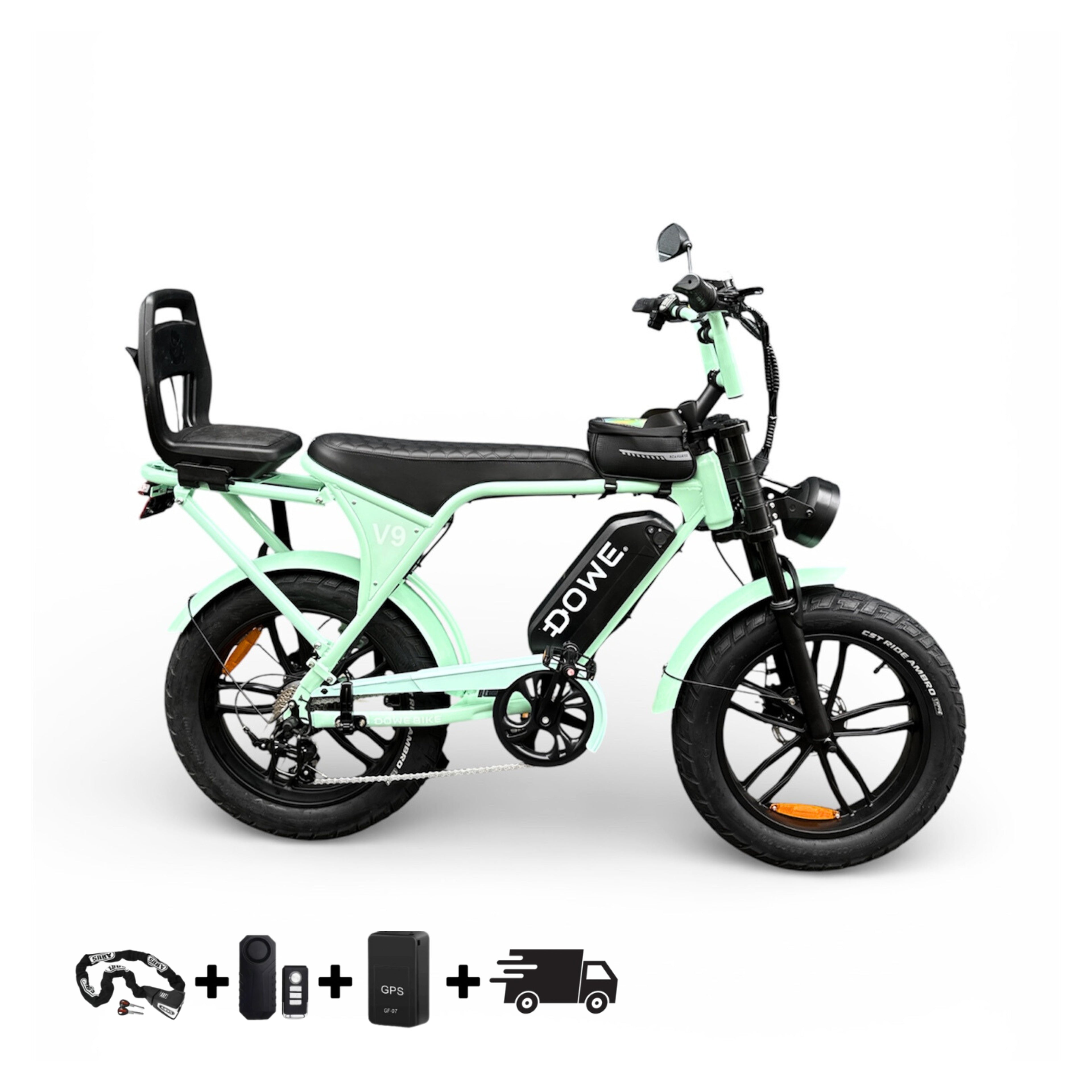 Elektrische Fatbike 250W met Kinderzite | Dowe V9 Mint Groen | Junior 6+ | 17.5Ah Accu | Luxe Uitvoering