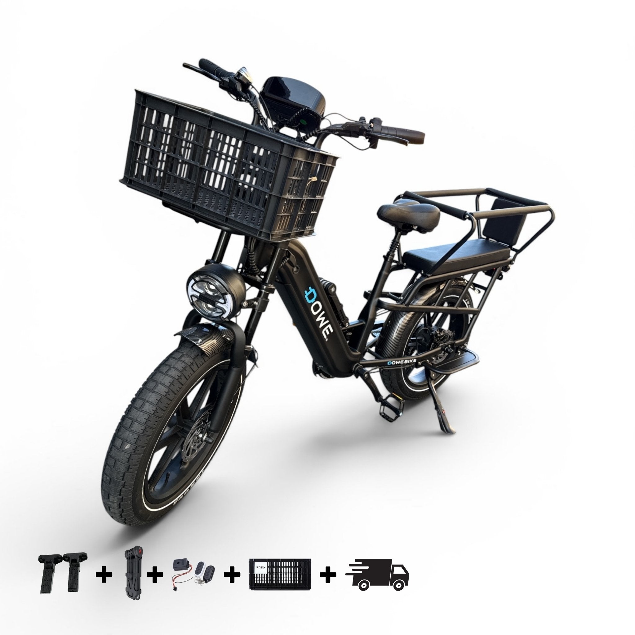 Dowe Lantir X1 Longtail Fatbike – Elektrische Cargo E-Bike met 20x4 Banden & Ingebouwde Accu & Inclusief 2 kinderzitjes