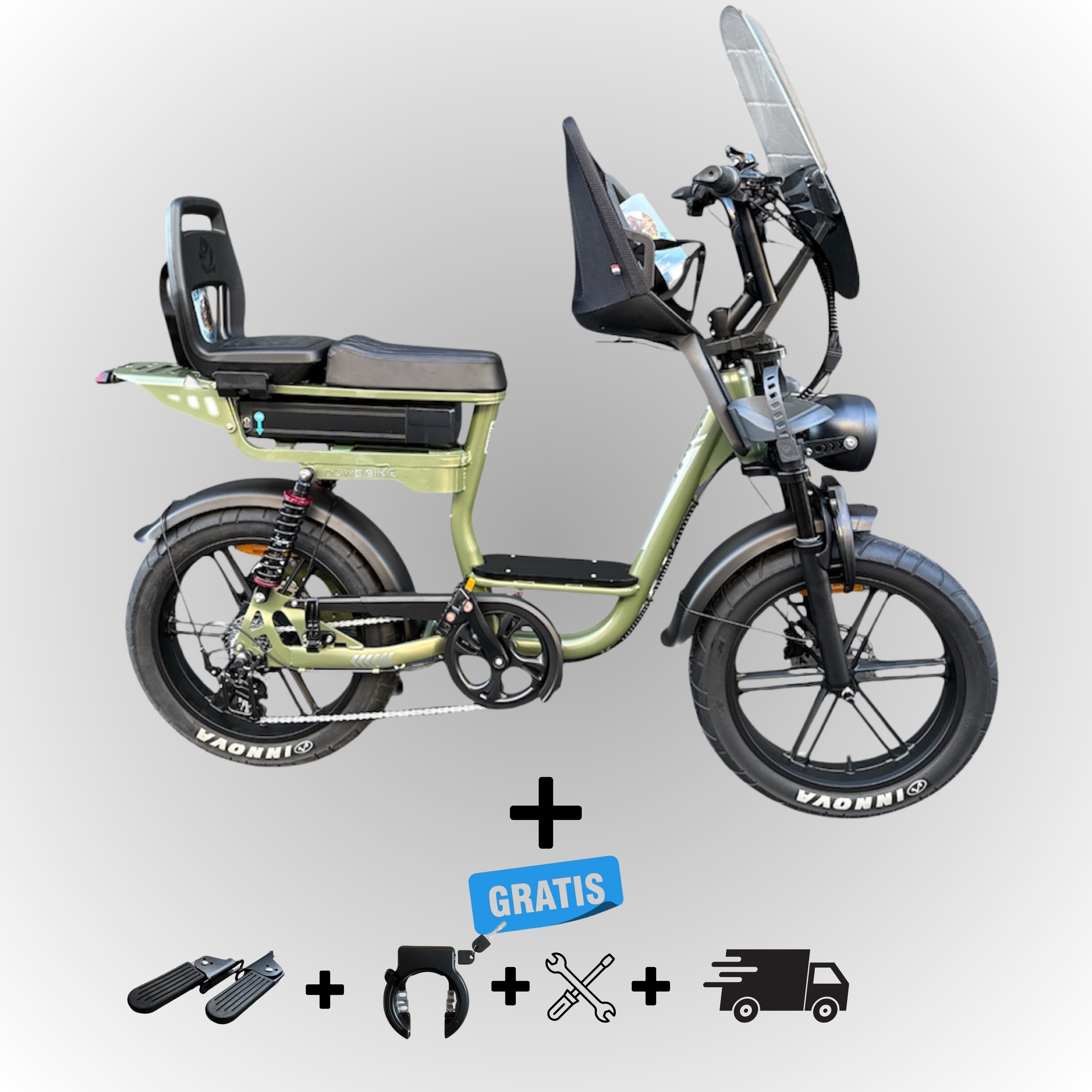 Elektrische fatbike 250W Dowe C28 met kinderzitje voor en achter