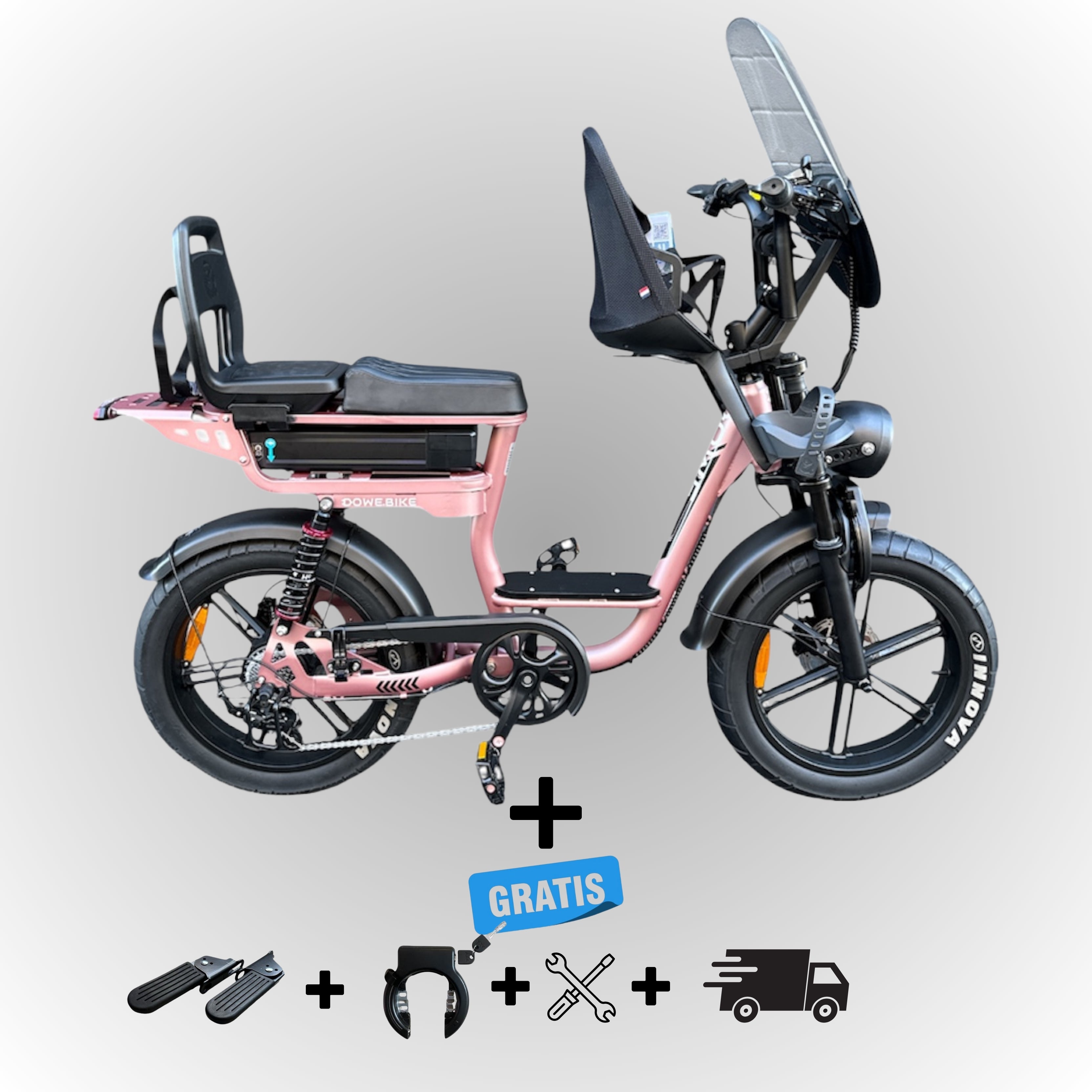 Elektrische fatbike 250W Dowe C28 met kinderzitje voor en achter