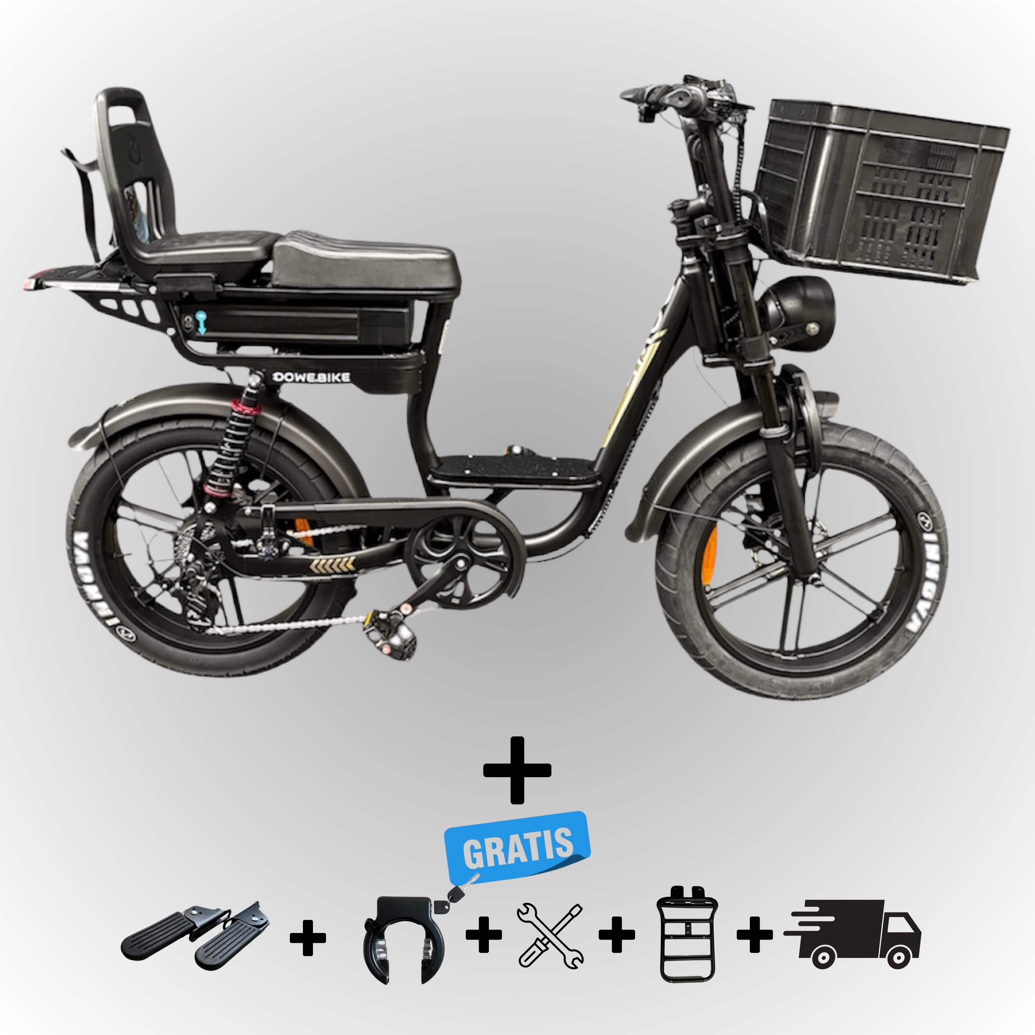 Elektrische fatbike 250W Dowe C28 met kinderzitje achter en voor-krat