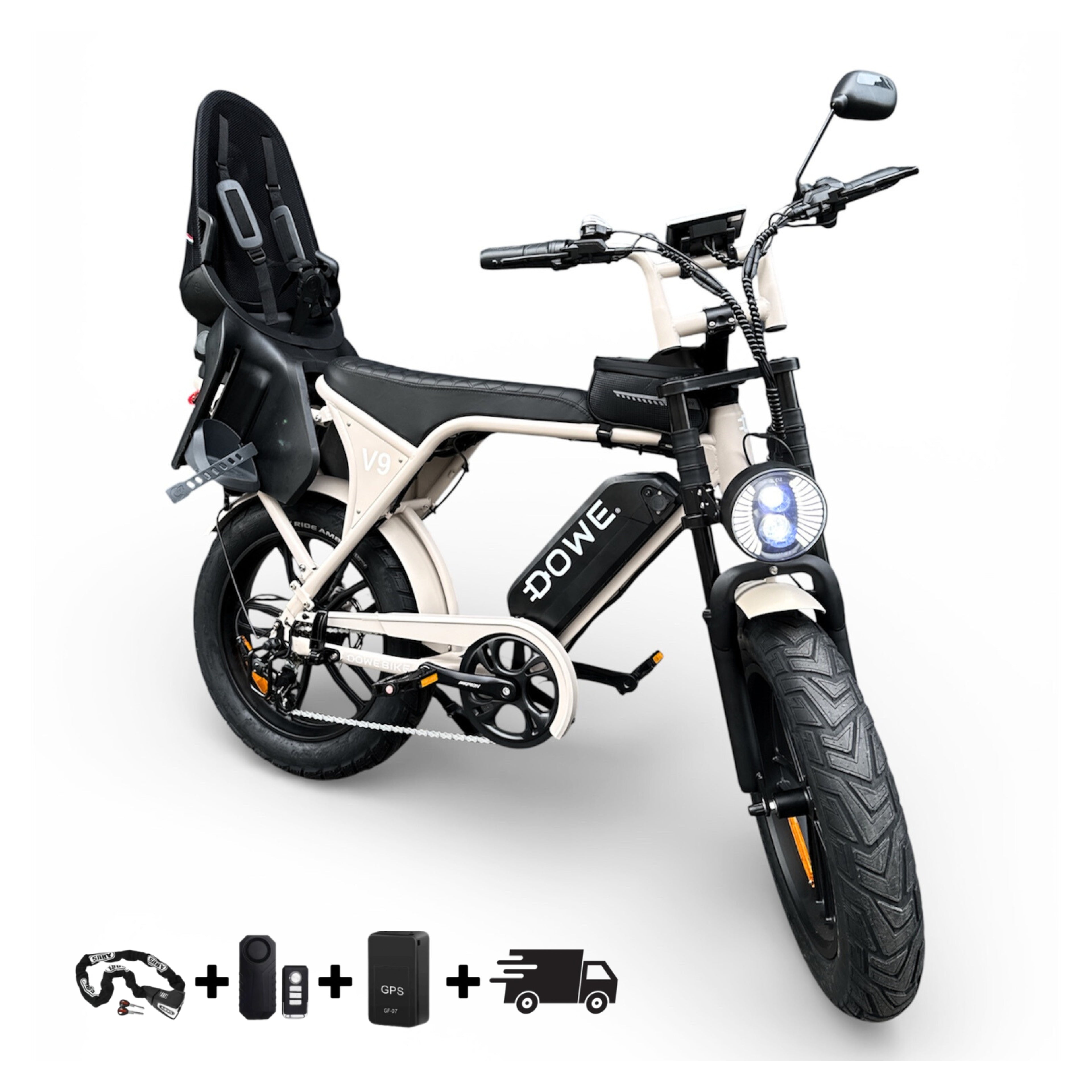 Dowe V9 Elektrische Fatbike met Kinderzitje Achter | Beige Fatbike |  Family Fatbike (tot 6 jaar / 22 kg)