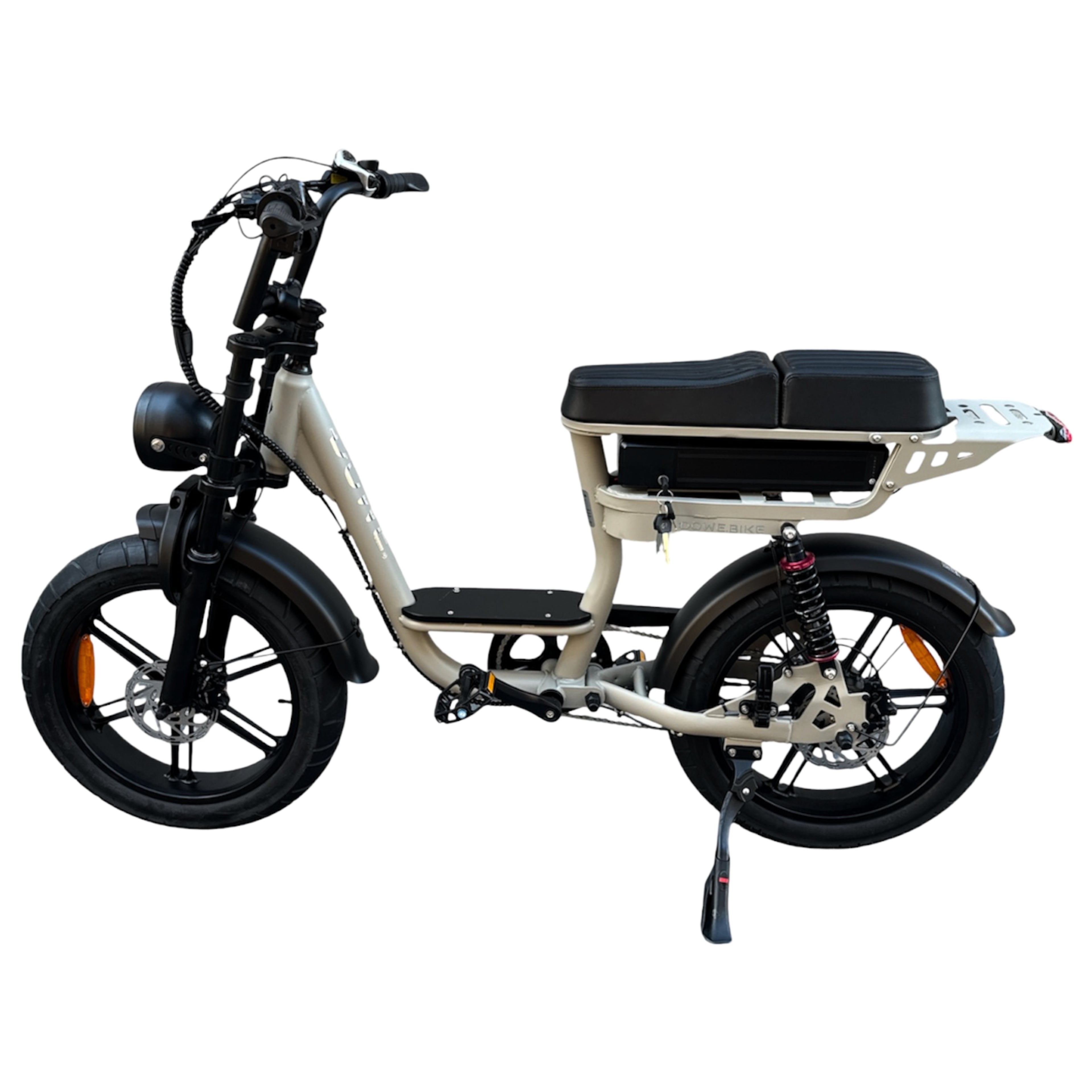 Dowe V20 Comfort beige zijaanzicht – lage instap fatbike met voorrek en voetsteuntjes, rijklaar geleverd
