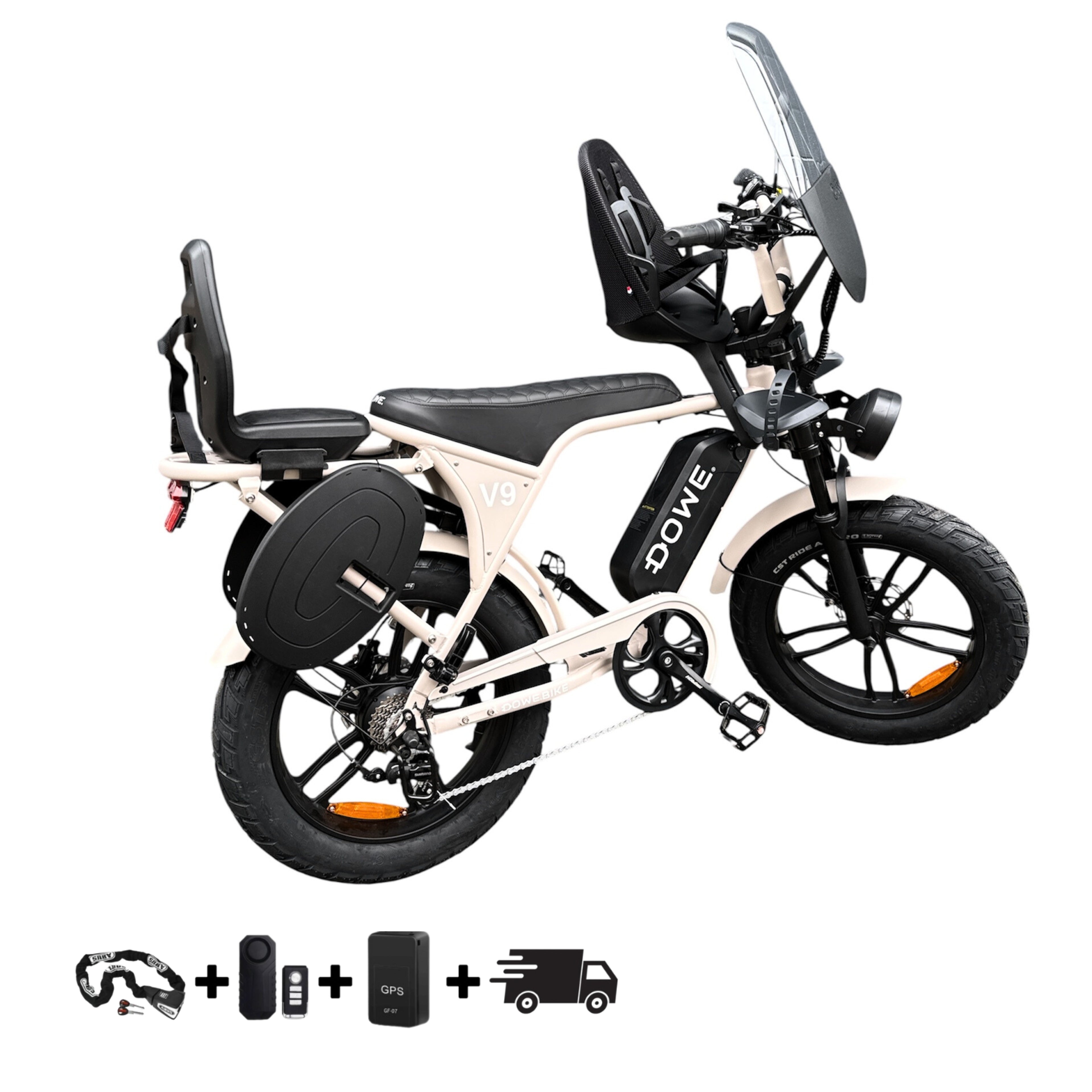 Dowe V9 Elektrische Fatbike met Kinderzitjes - Zand 
