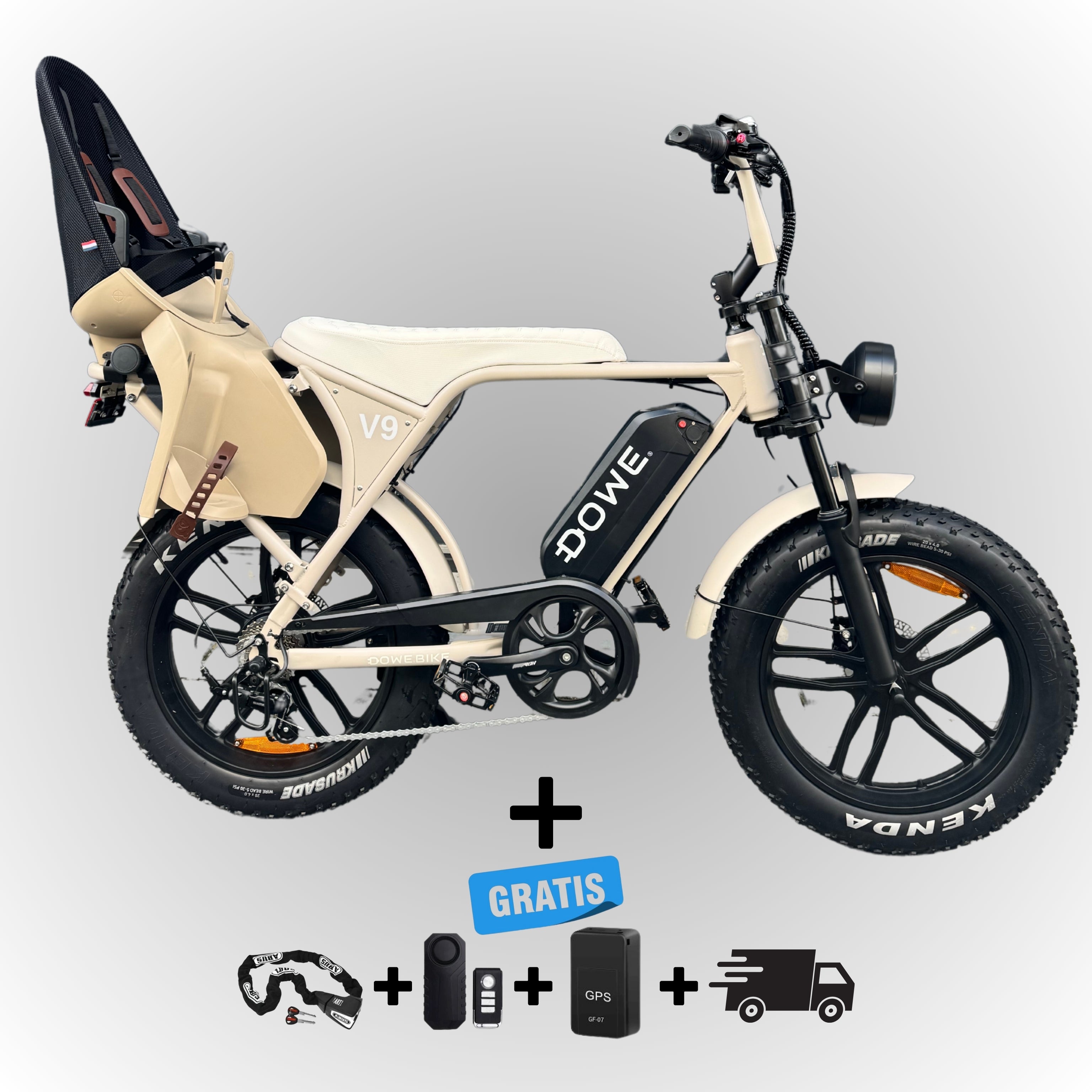 Elektrische fatbike 250W Dowe V9 met kinderzitje achter