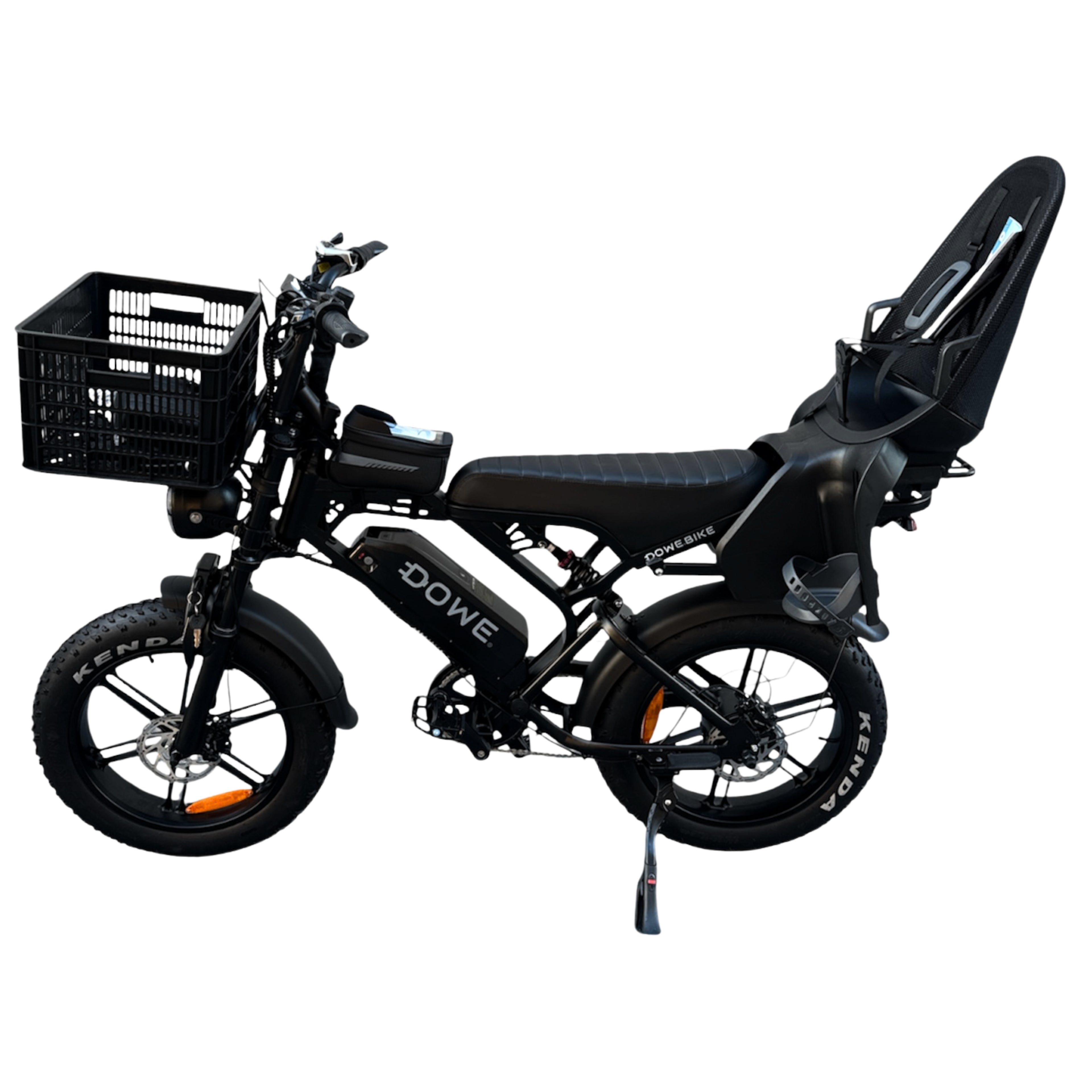 V20 Pro zwart zijaanzicht – family fatbike met kinderzitjes voor en achter en hydraulische remmen