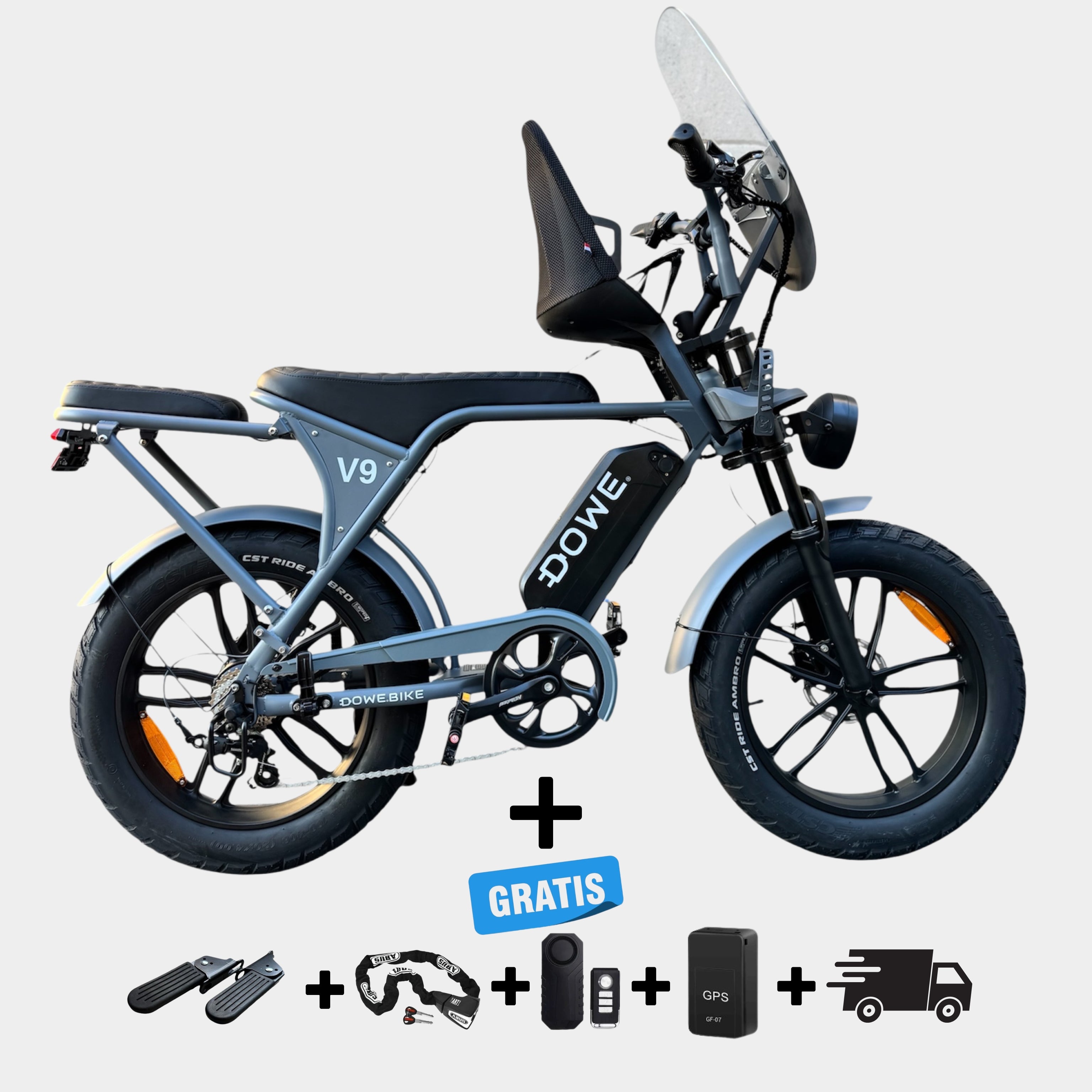 Elektrische fatbike 250W Dowe V9 grijs met kinderzitje voor